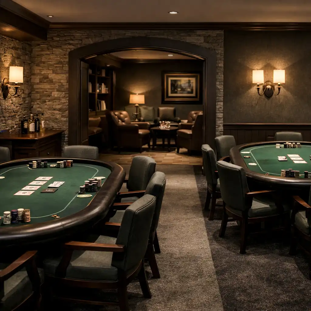 Privát card room két poker asztallal, szabad közlekedősávval és távolabbi lounge-zónával