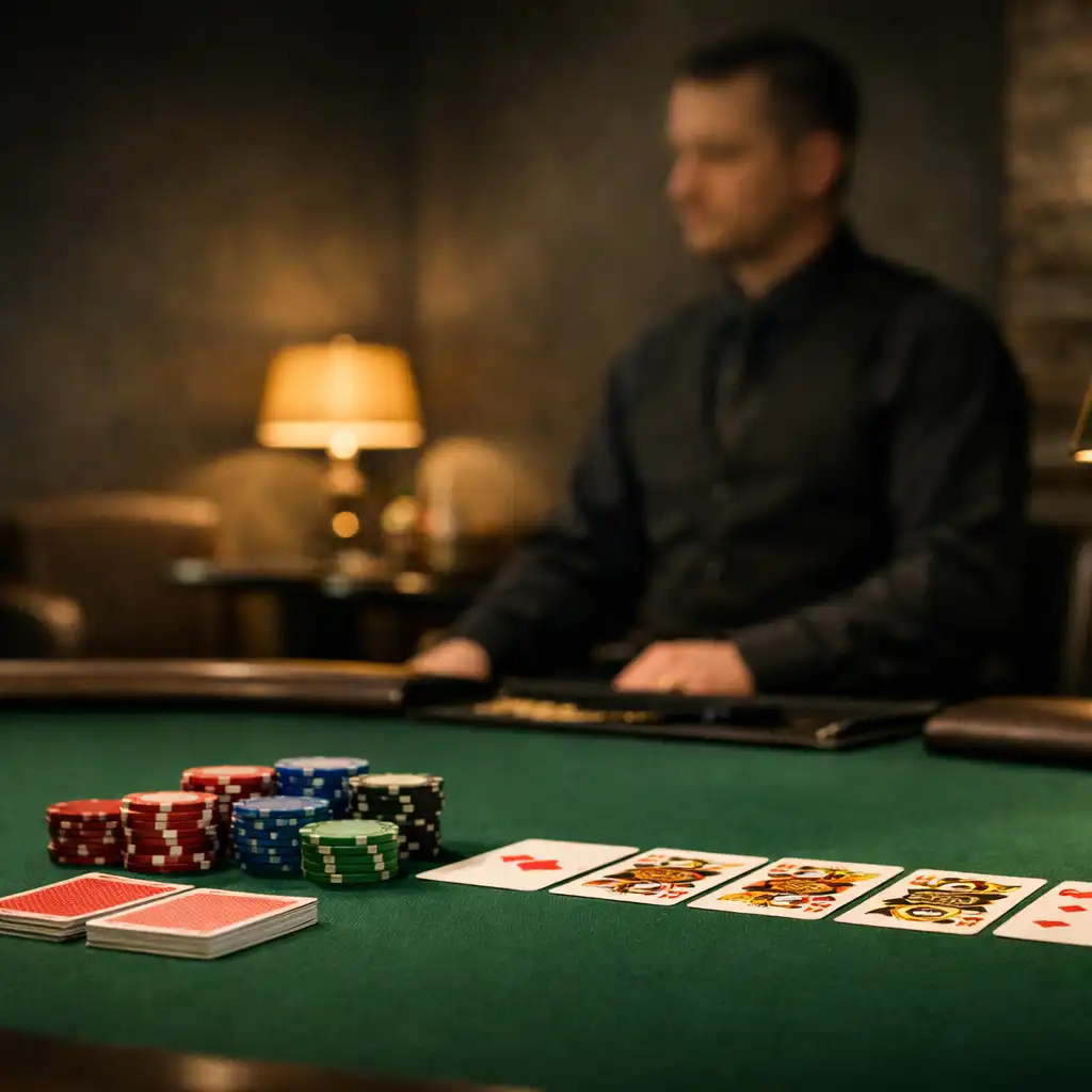 Privát offline poker salon zöld filcasztallal, zsetonokkal és croupier jelenlétével