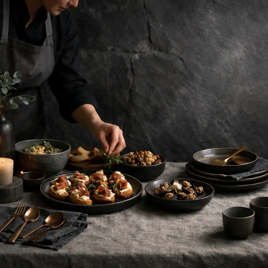 Rendezvényi asztal styling és catering előkészítés bronz evőeszközökkel