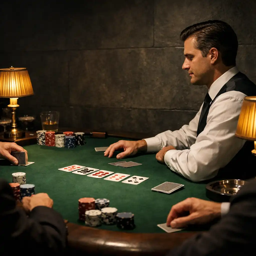Privát offline poker salon zöld filcasztallal és professzionális croupierrel