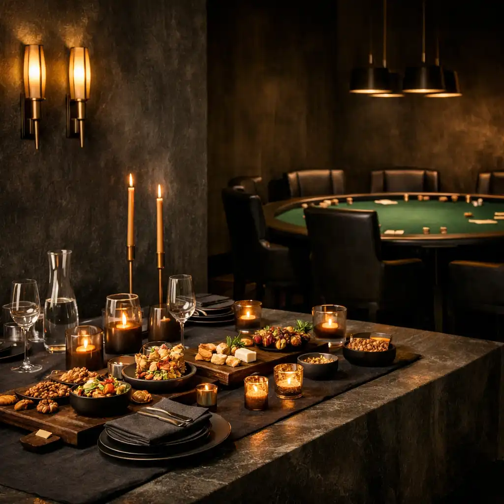 Bronzfényű, elegáns styling és catering előkészítés privát poker salon környezetben