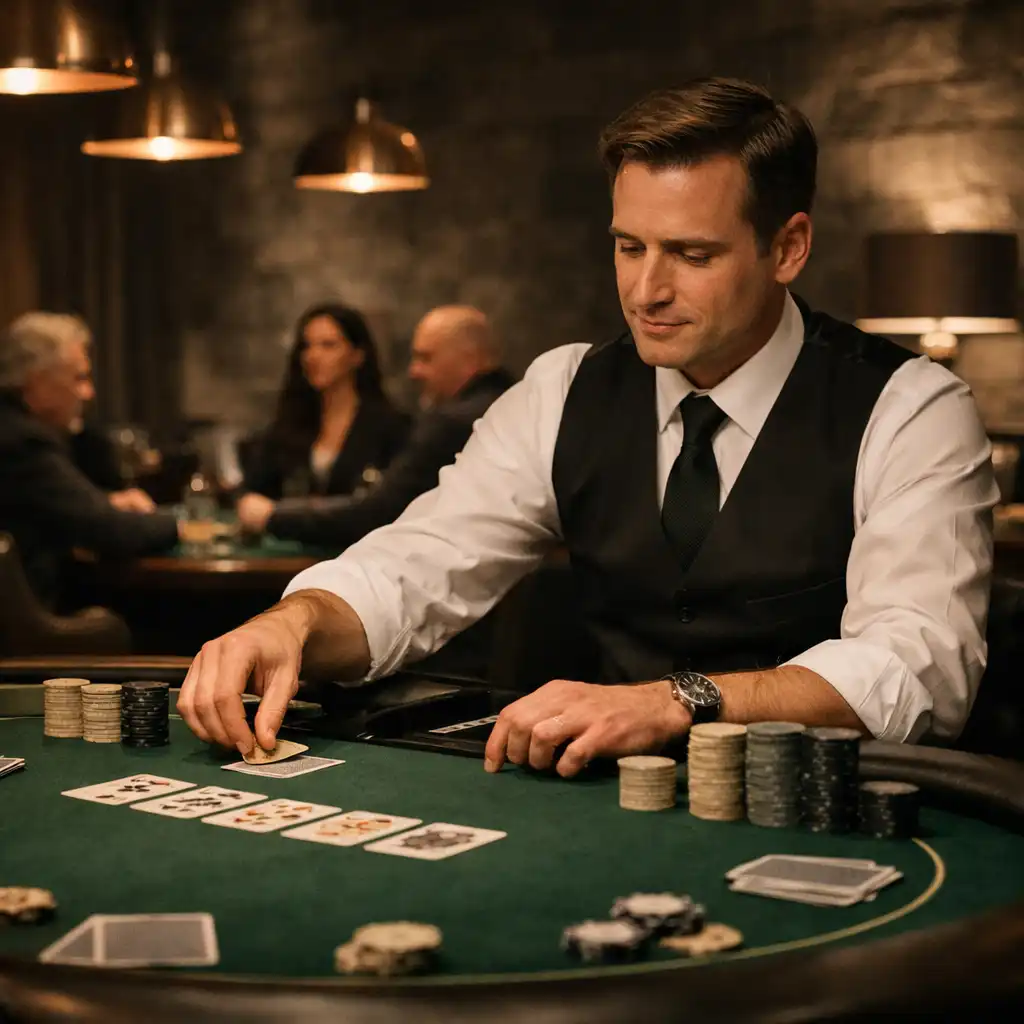 Professzionális croupier vezet privát offline poker asztalt elegáns kőfalas szalonban