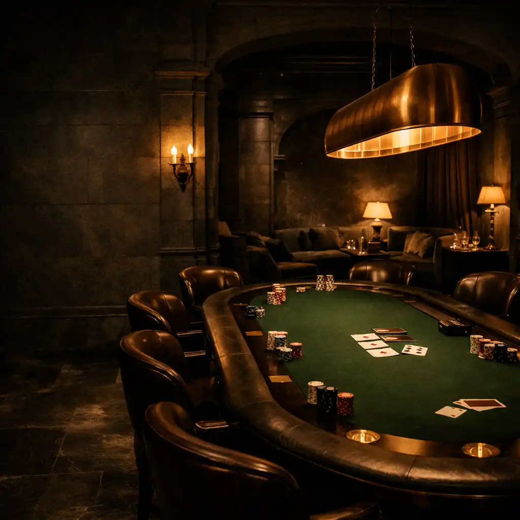 Elegáns privát poker szalon előkészített zöld filc asztallal és bronzfényű kőfalakkal
