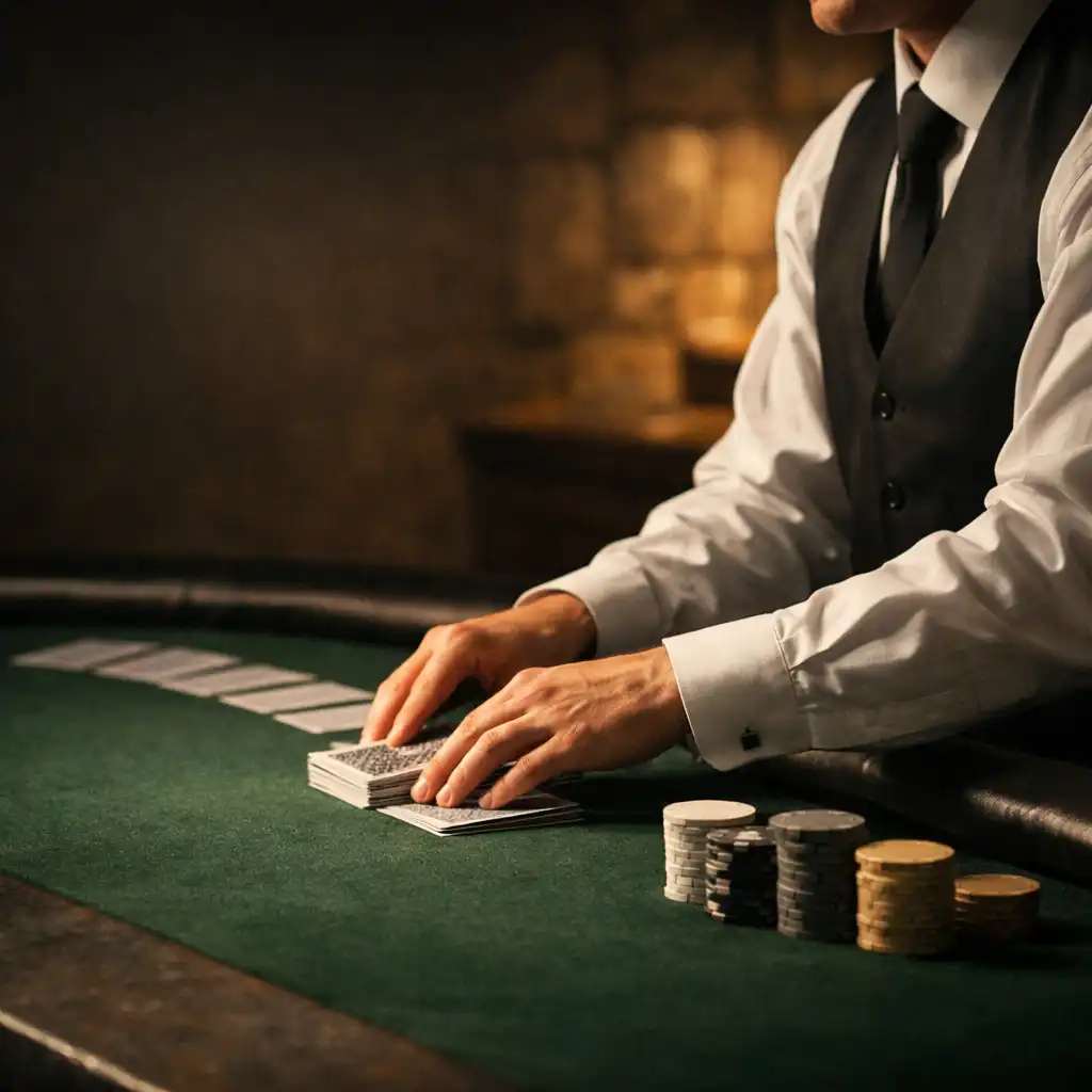 Professzionális croupier keze előkészített kártyákkal és zöld filc poker asztallal